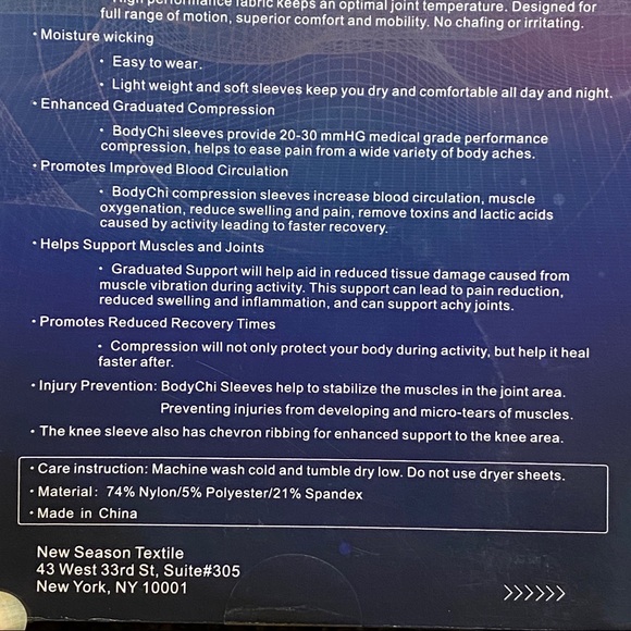 New in box BODYCHI pair of performance knee compression sleeves moisture wicking - Picture 7 of 8